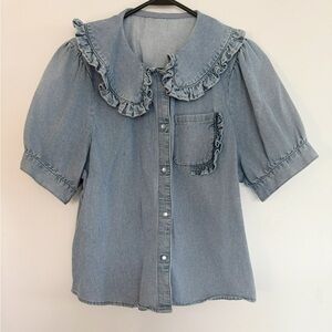 Women's Blue Ruffled Denim Blouse